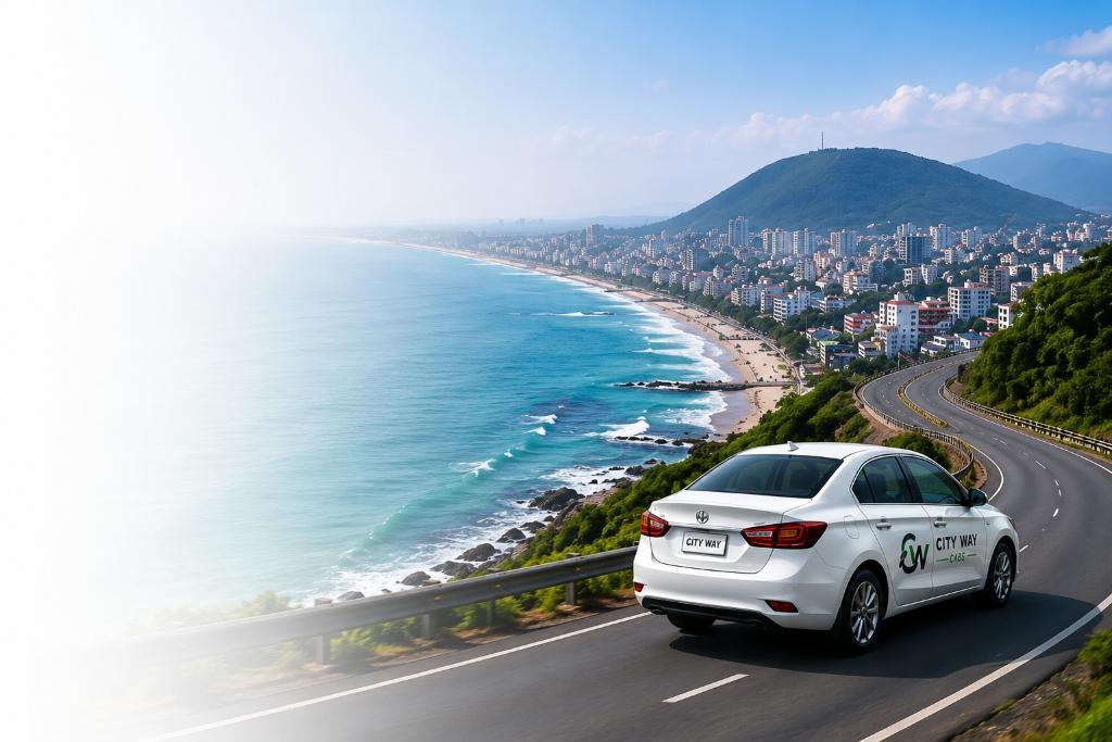 Premium white cab driving on a scenic highway in Visakhapatnam