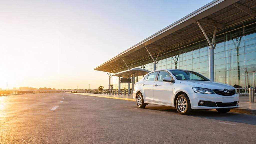 White cab parked at modern airport terminal at sunrise